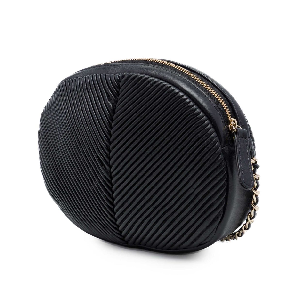 Chanel Chevron Lambskin Pleated Oval Camera Bag — Black