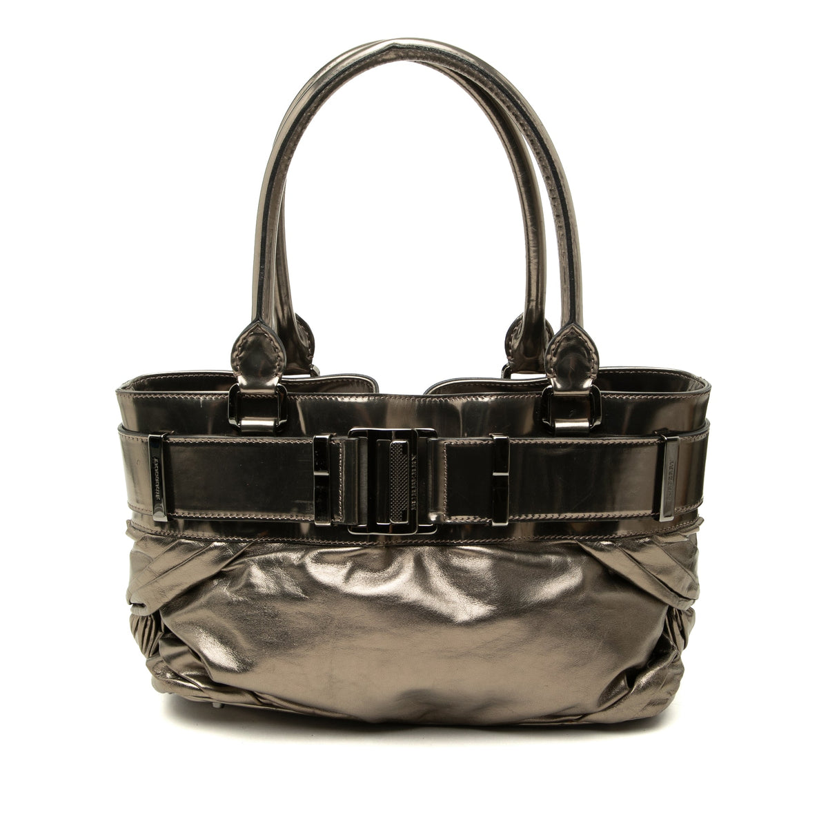 Burberry Small Metallic Pleated Calfskin Healy Tote — Brown