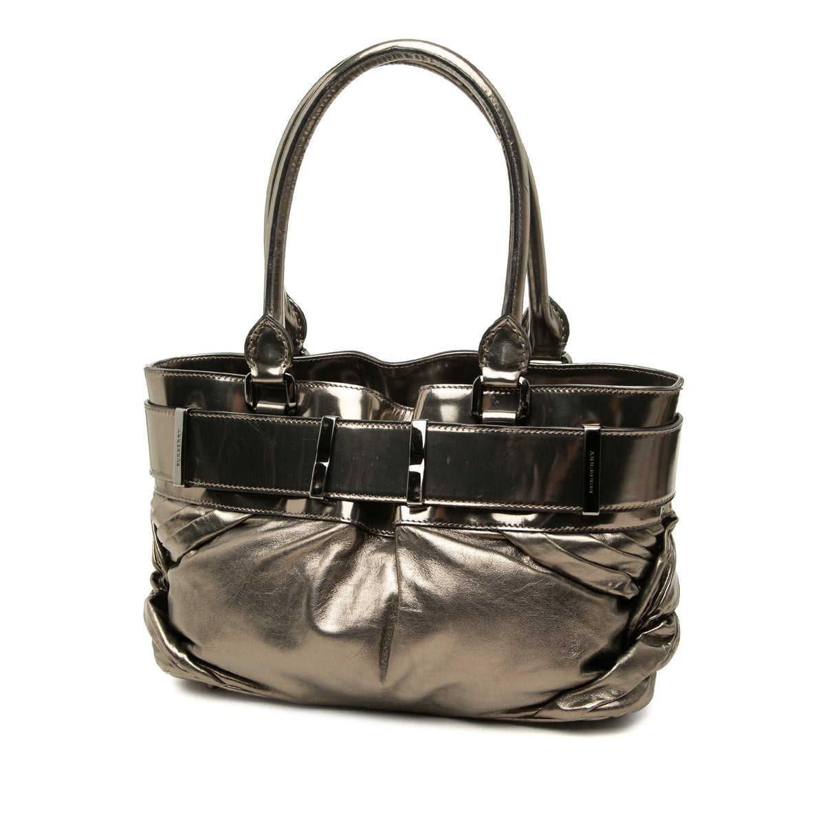 Burberry Small Metallic Pleated Calfskin Healy Tote — Brown