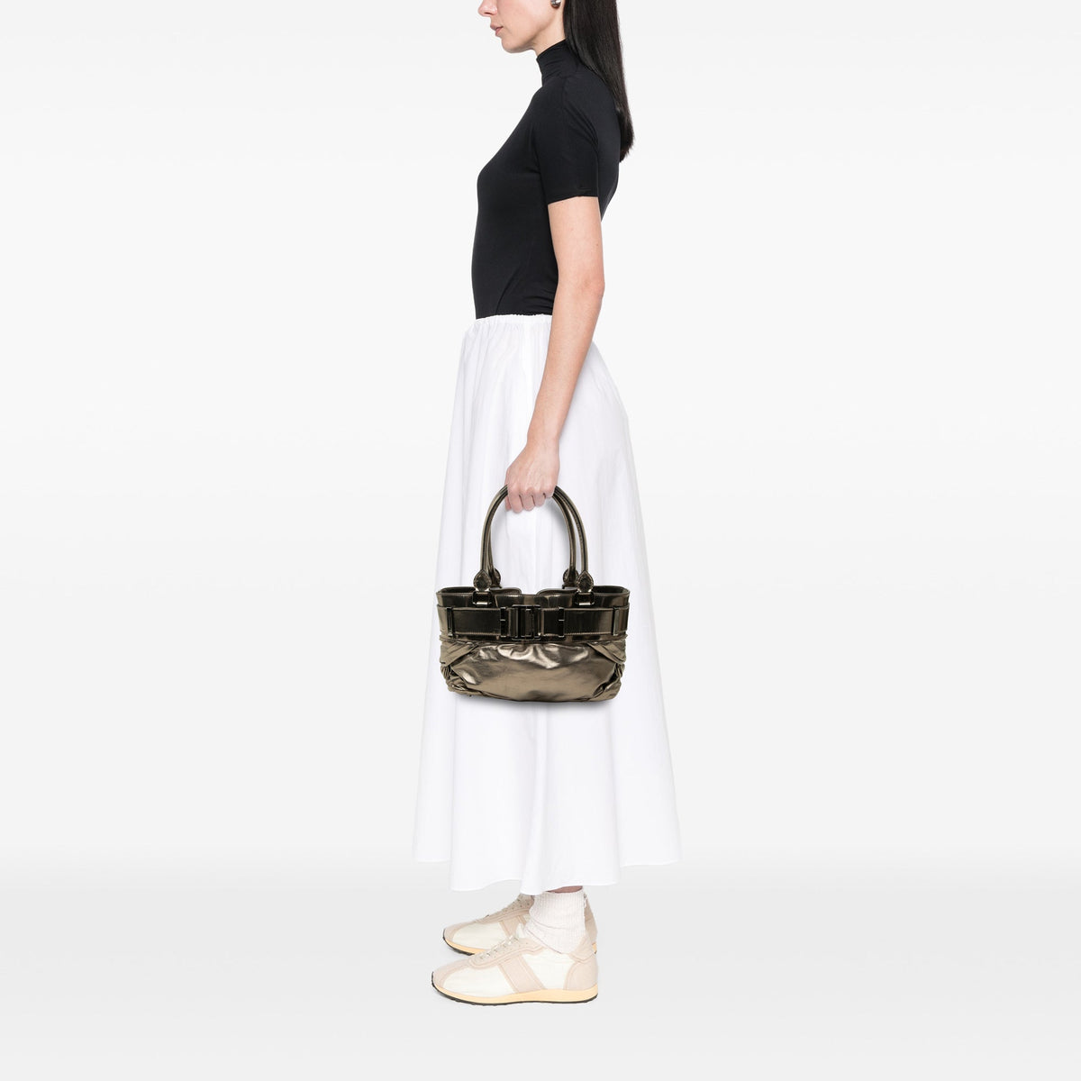 Burberry Small Metallic Pleated Calfskin Healy Tote — Brown