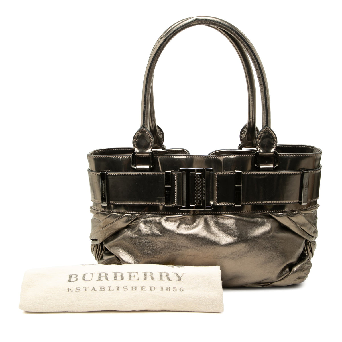 Burberry Small Metallic Pleated Calfskin Healy Tote — Brown