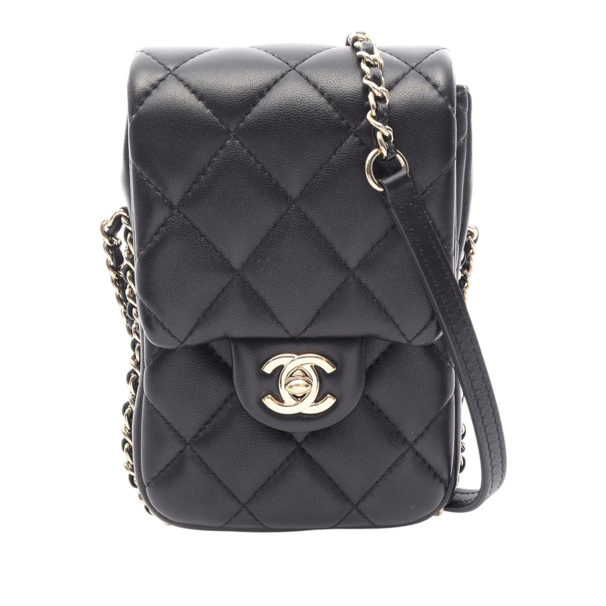 Chanel CC Quilted Lambskin Phone Holder with Chain — Black