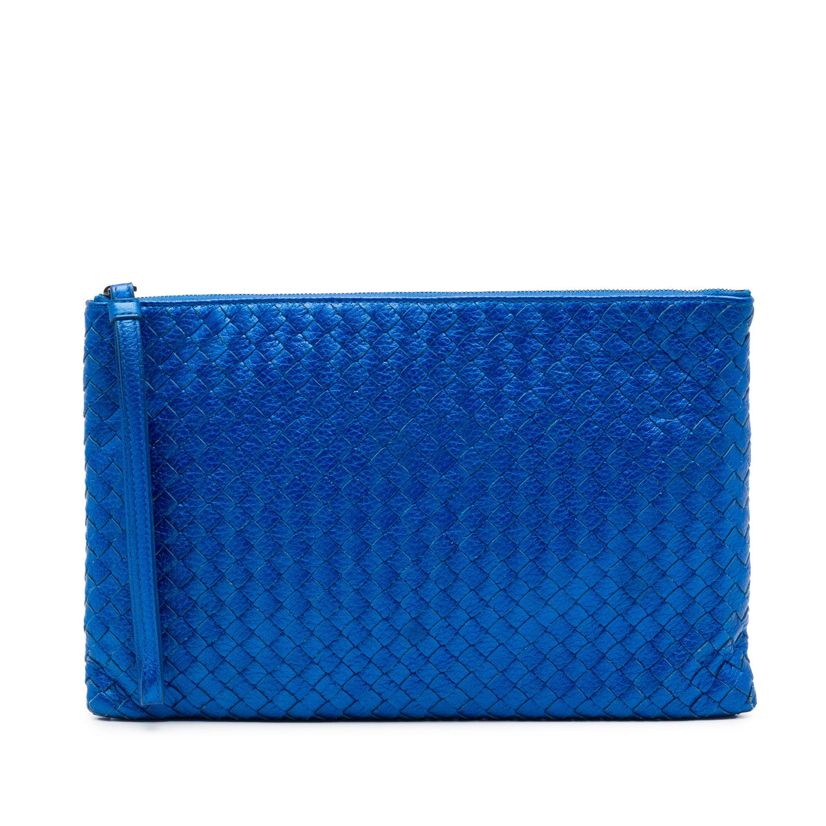 Bottega Veneta Metallic Leather Intrecciato Wristlet Clutch — Blue