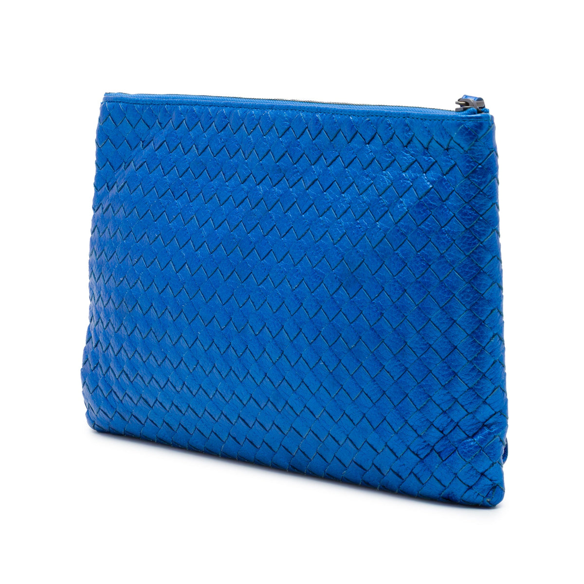 Bottega Veneta Metallic Leather Intrecciato Wristlet Clutch — Blue