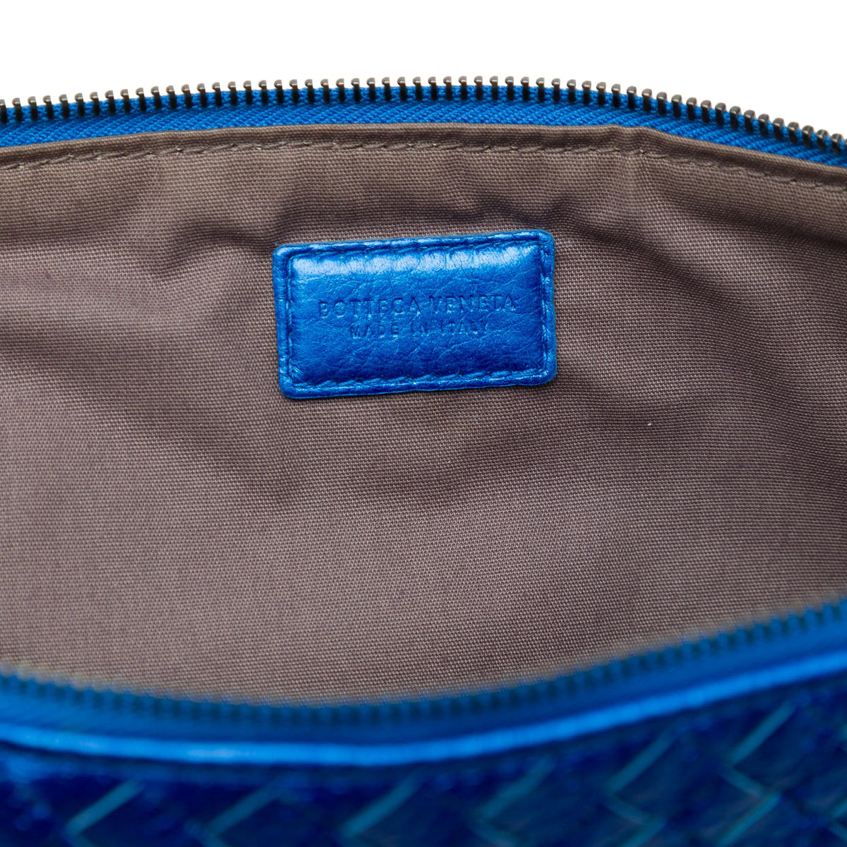Bottega Veneta Metallic Leather Intrecciato Wristlet Clutch — Blue