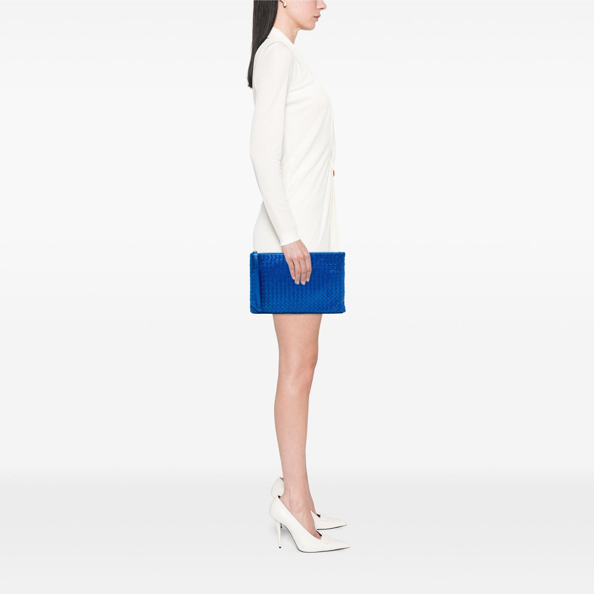 Bottega Veneta Metallic Leather Intrecciato Wristlet Clutch — Blue