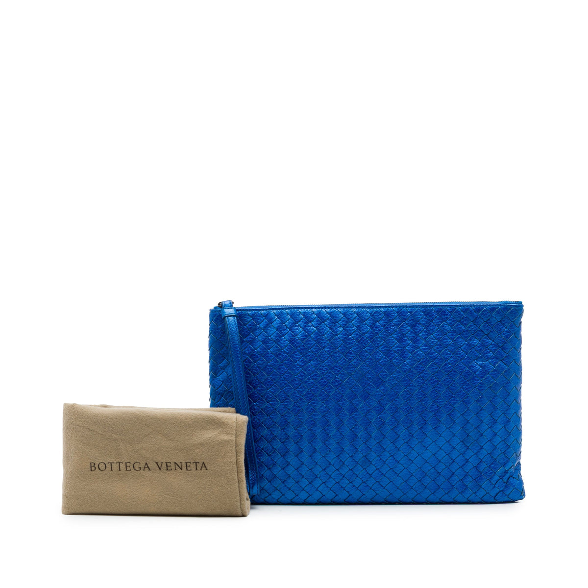 Bottega Veneta Metallic Leather Intrecciato Wristlet Clutch — Blue