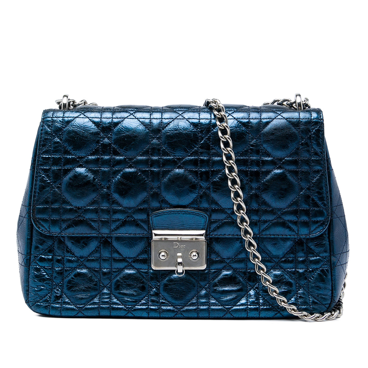 Dior Large Metallic Aged Calfskin Cannage Miss Dior Flap — Blue