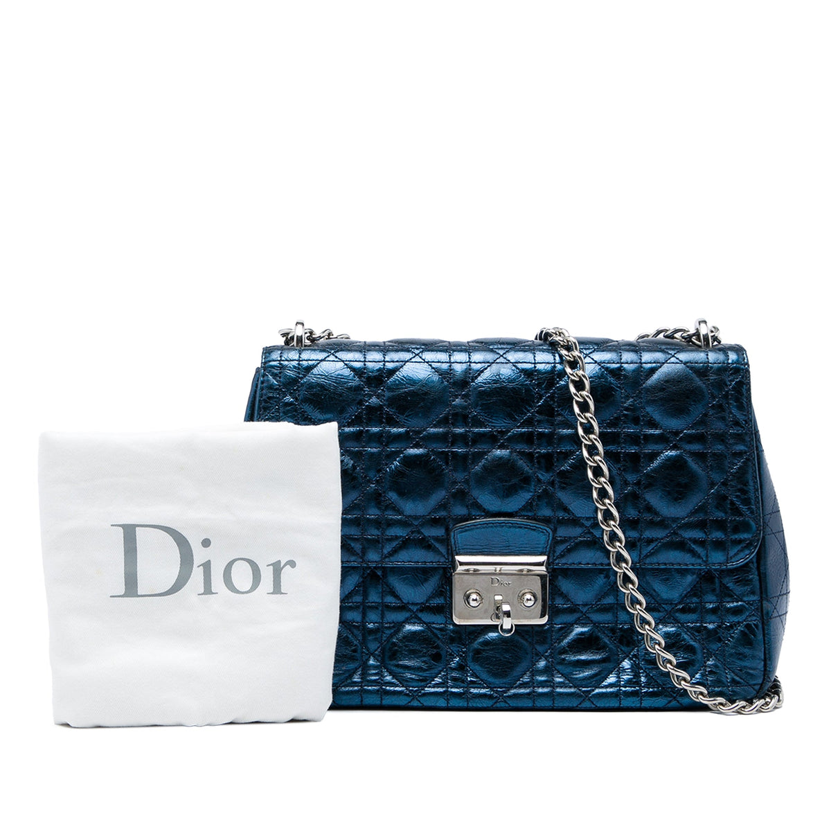 Dior Large Metallic Aged Calfskin Cannage Miss Dior Flap — Blue