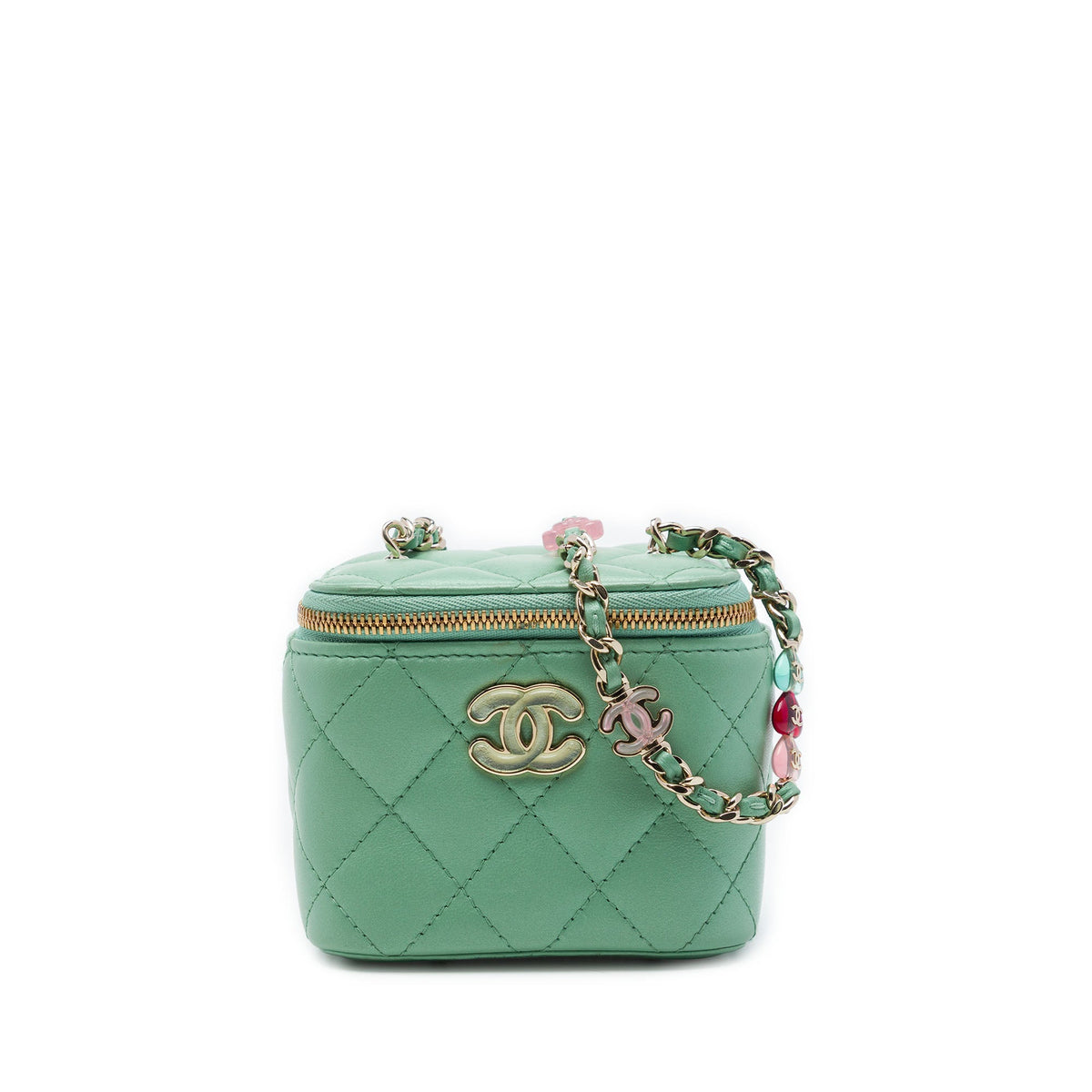 Chanel Mini Quilted Lambskin Resin Heart Vanity Case With Chain — Green