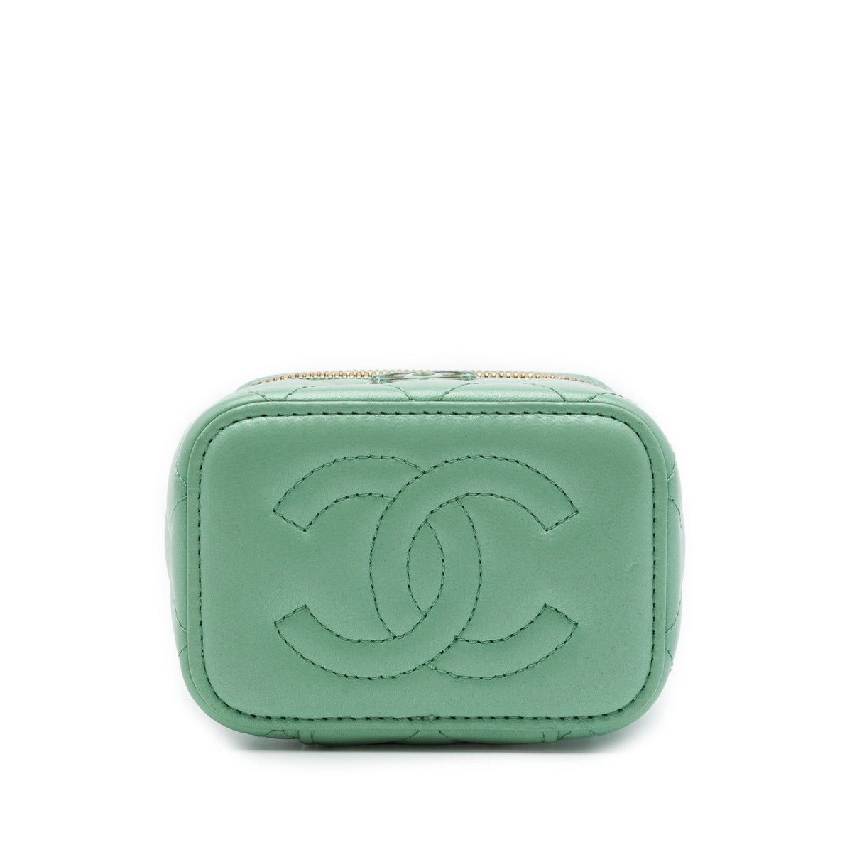 Chanel Mini Quilted Lambskin Resin Heart Vanity Case With Chain — Green