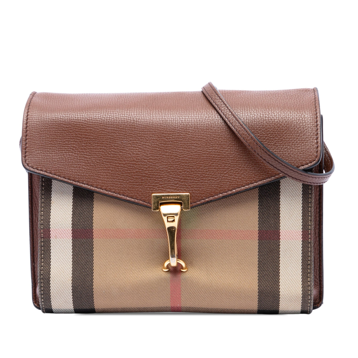 Burberry Small Leather and House Check Canvas Derby Macken Crossbody — Brown