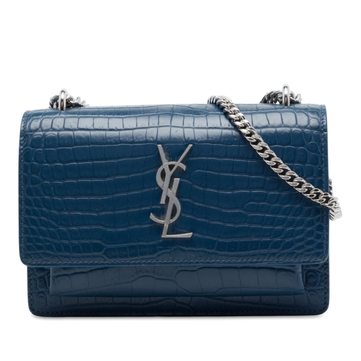Saint Laurent Mini Croc Embossed Leather  Monogram Sunset Wallet on Chain — Blue