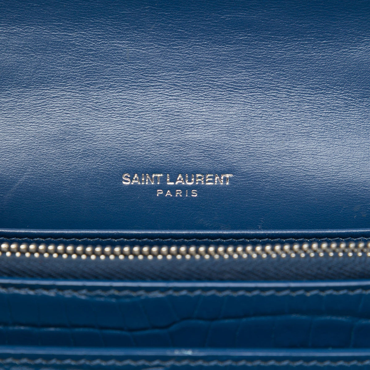 Saint Laurent Mini Croc Embossed Leather  Monogram Sunset Wallet on Chain — Blue