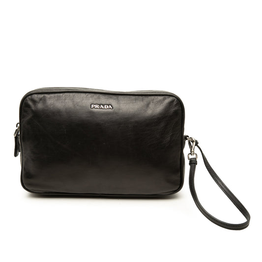 Prada Soft Calf Logo Wristlet Clutch — Black