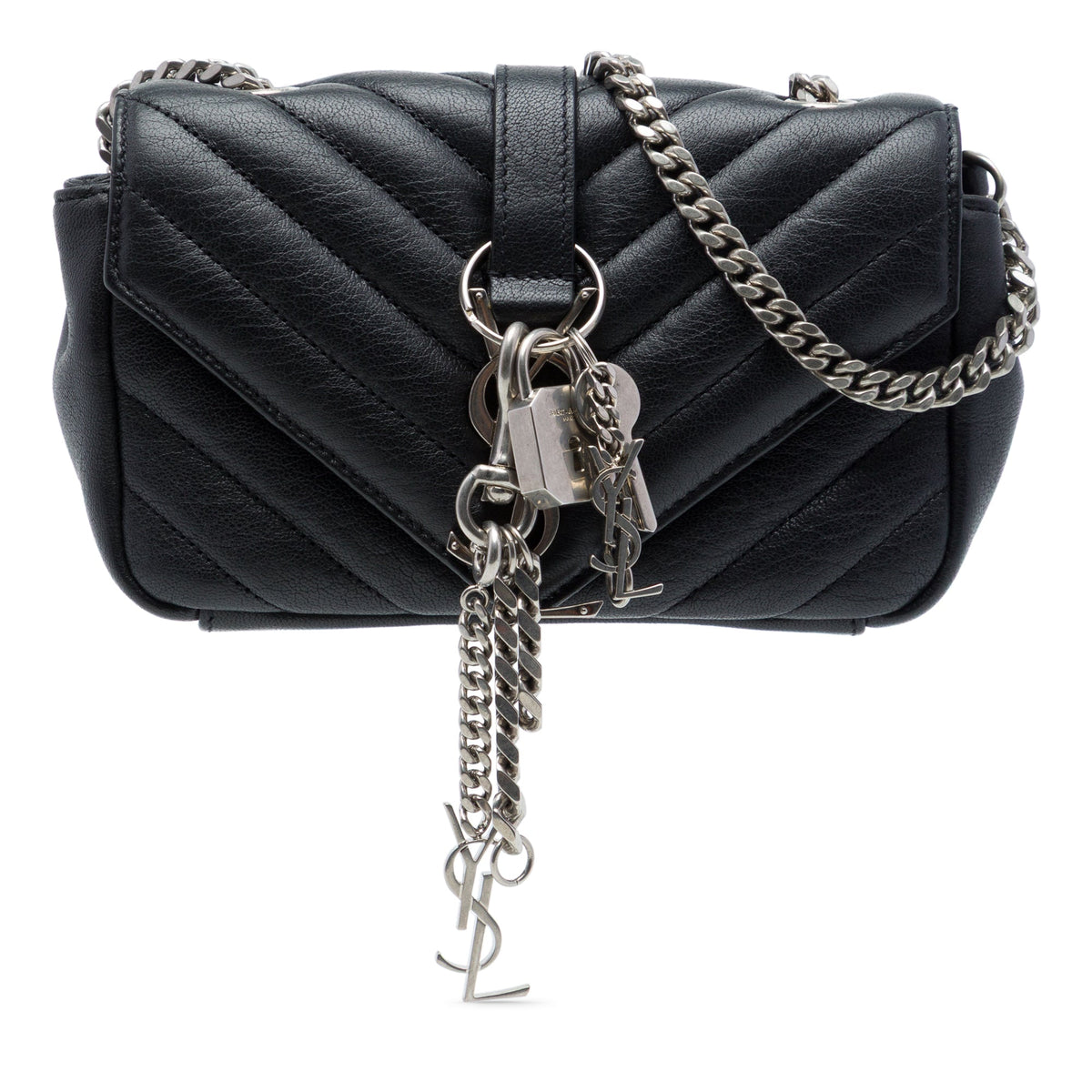 Saint Laurent Baby Chevron Sheepskin Monogram Classic Punk Chain Bag — Black