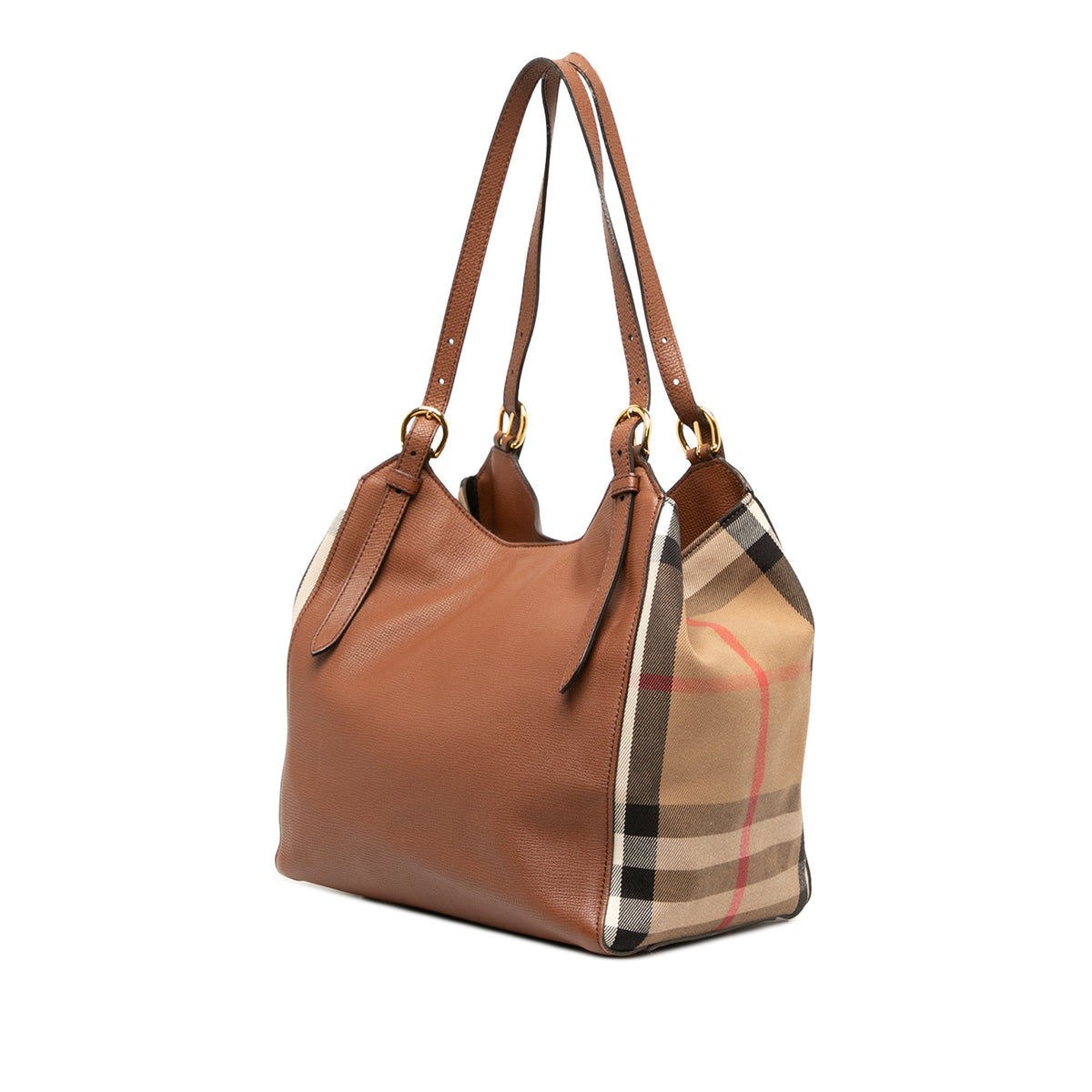 Burberry Small Derby Calfskin and House Check Canvas Canterbury Tote — Brown
