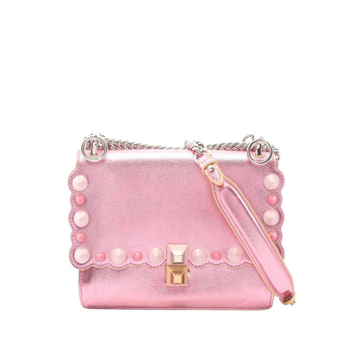 Fendi Mini Scalloped Metallic Studded Leather Kan I Crossbody — Pink
