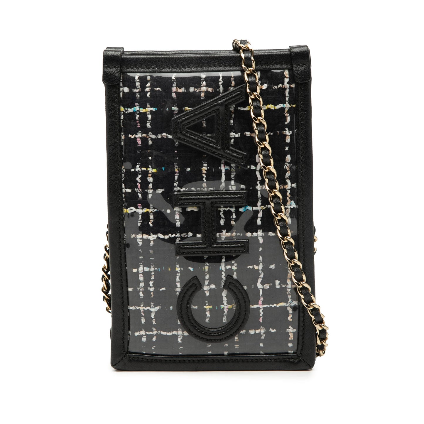 Tweed and PVC Phone Clutch with Chain