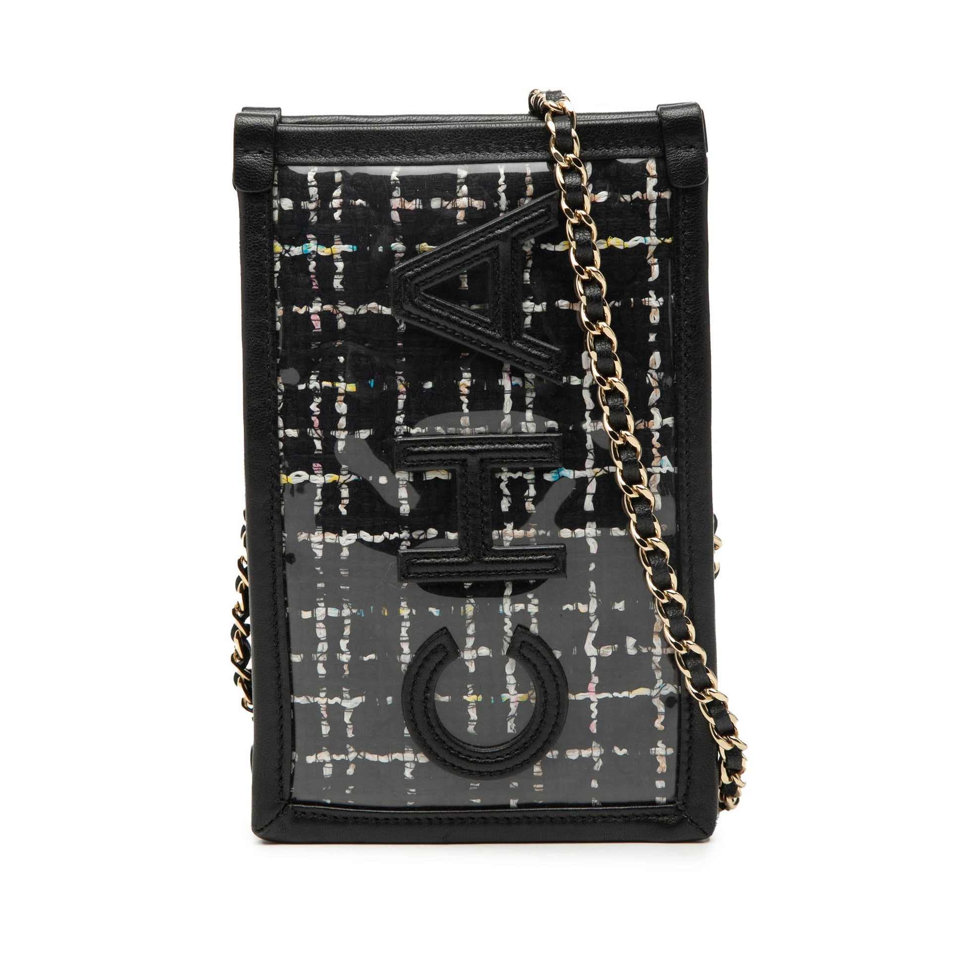 Tweed and PVC Phone Clutch with Chain