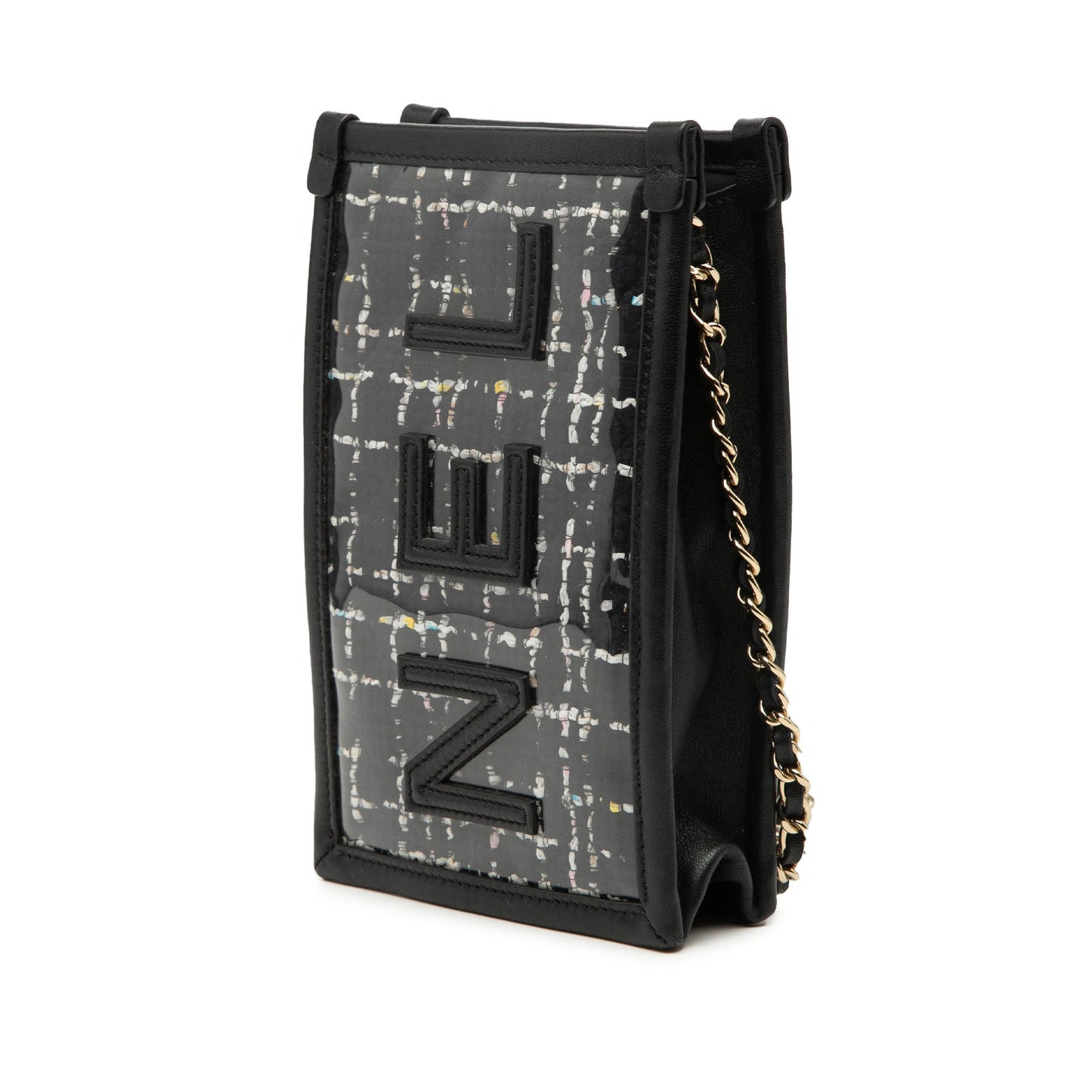 Tweed and PVC Phone Clutch with Chain