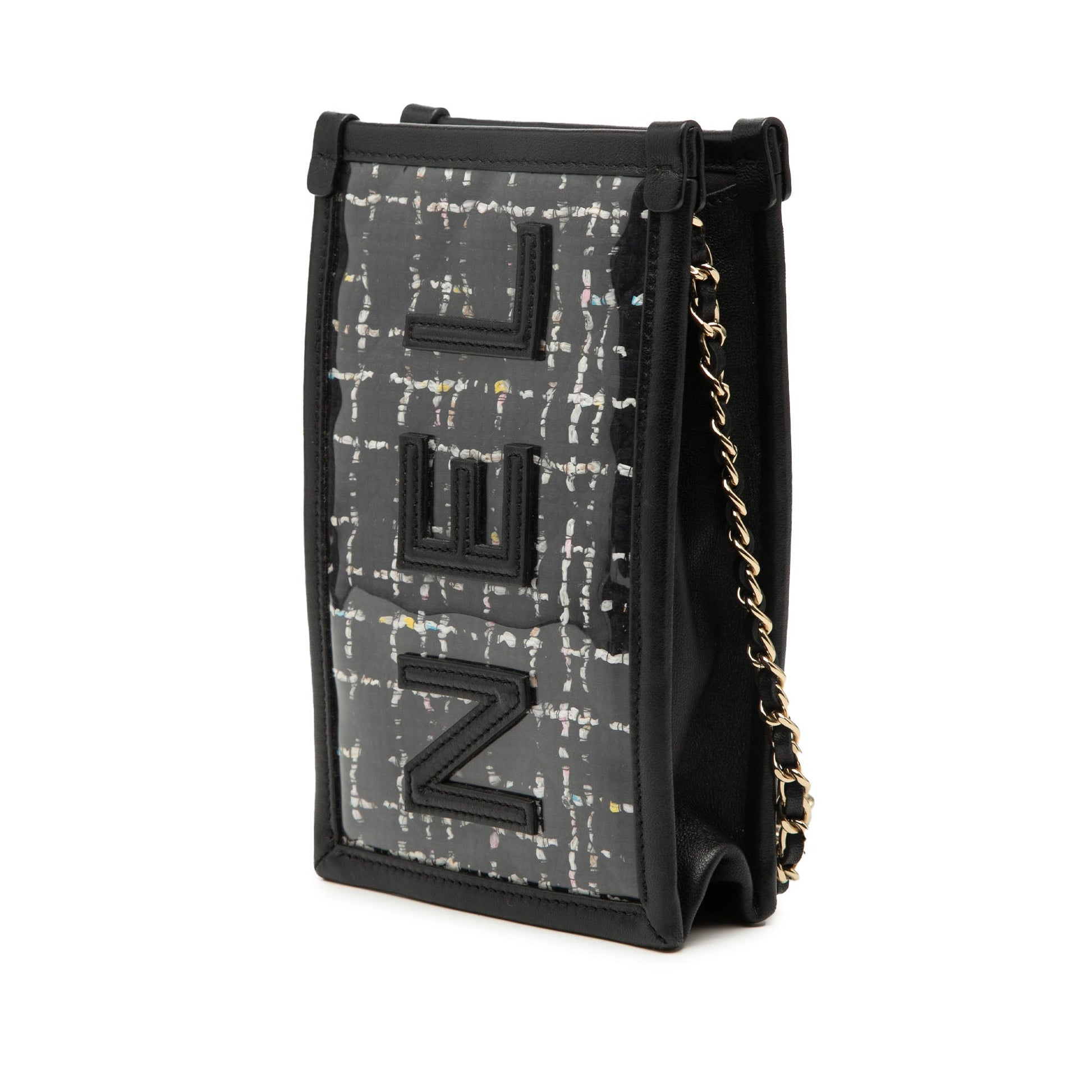 Tweed and PVC Phone Clutch with Chain