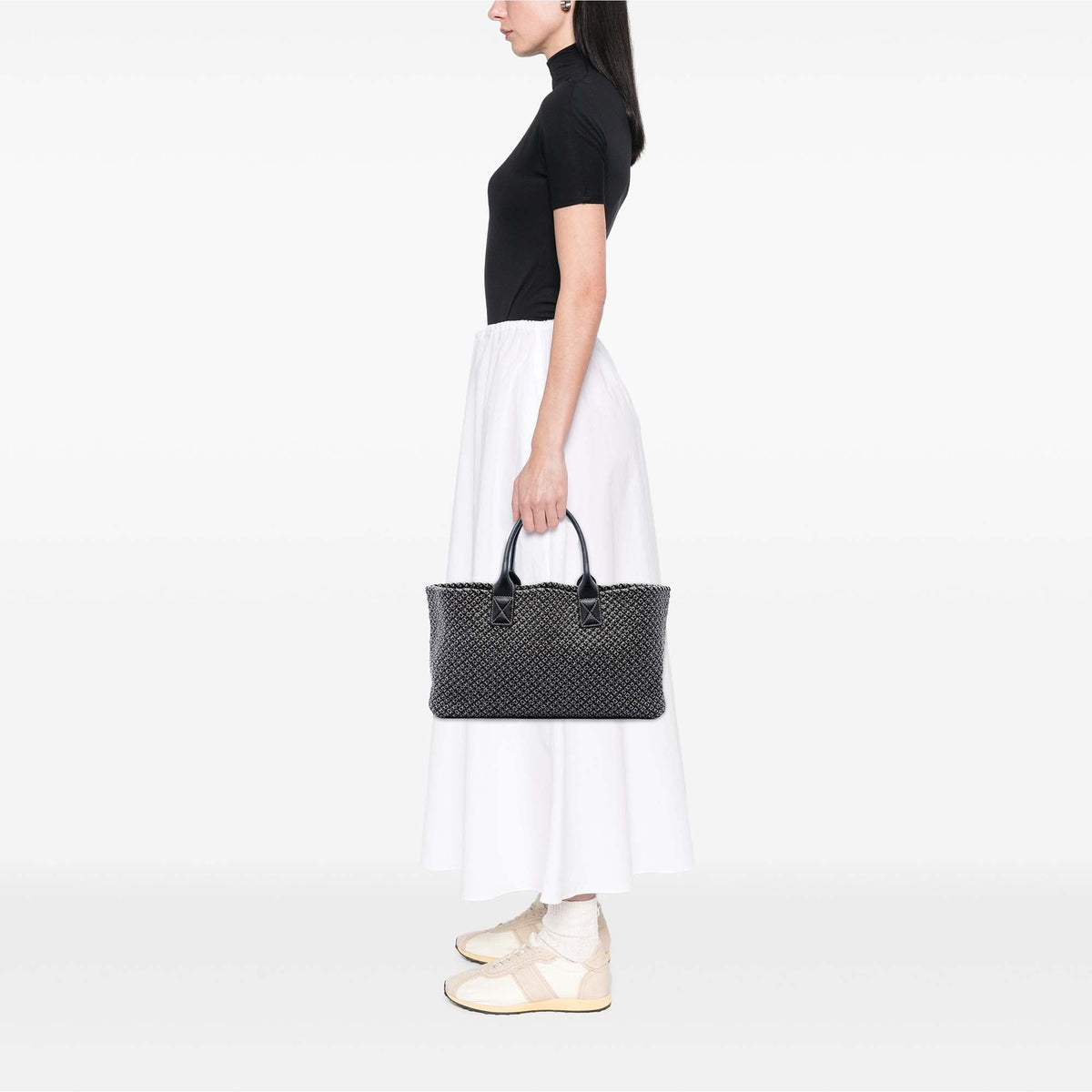 Bottega Veneta Limited Edition Medium Bicolor Lambskin Intreccio Cabat Tote — Black