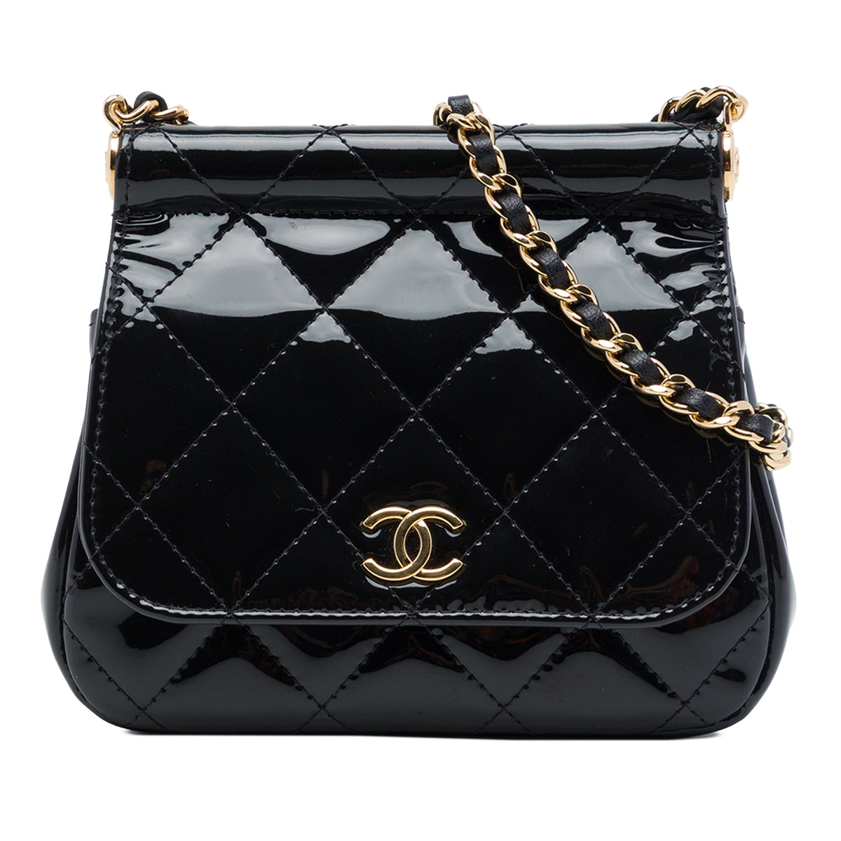 Chanel CC Quilted Patent Frame Flap Clutch with Chain — Black