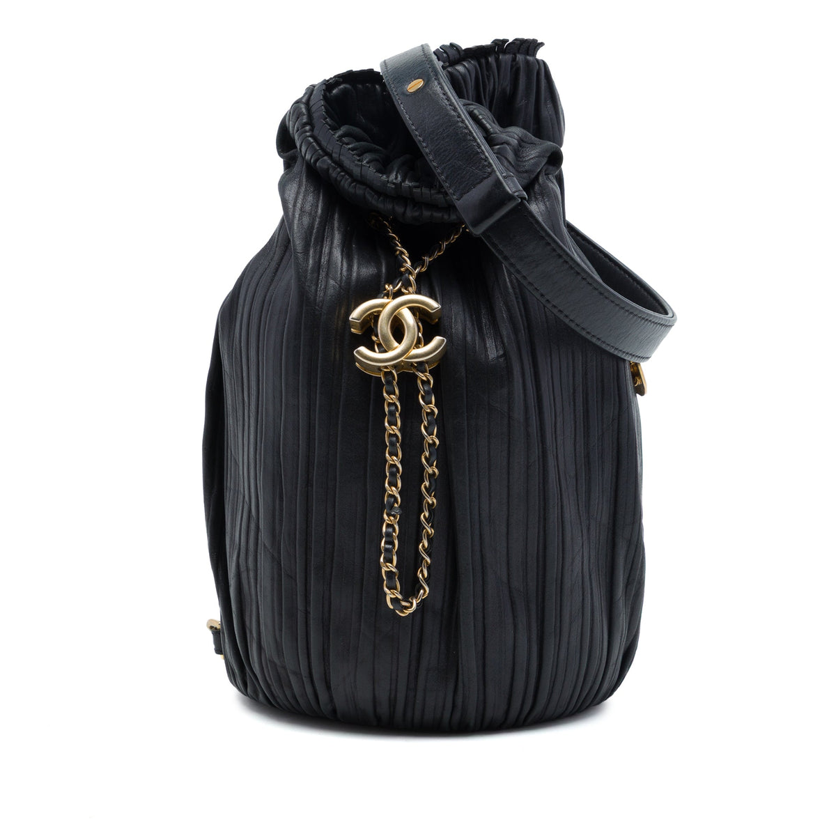 Chanel Small Calfskin Coco Pleats Drawstring Backpack — Black