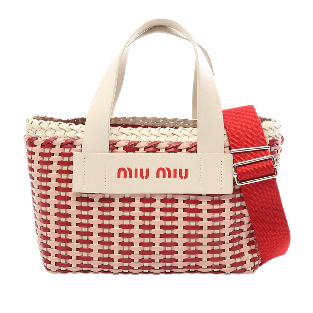 Miu Miu Leather Bicolor Basket Weave Satchel — Red