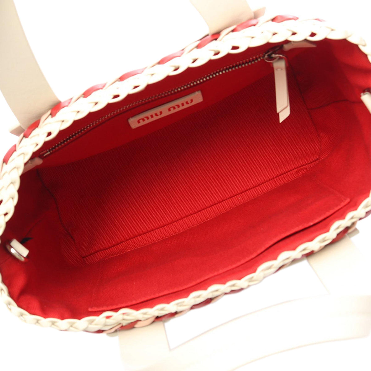 Miu Miu Leather Bicolor Basket Weave Satchel — Red