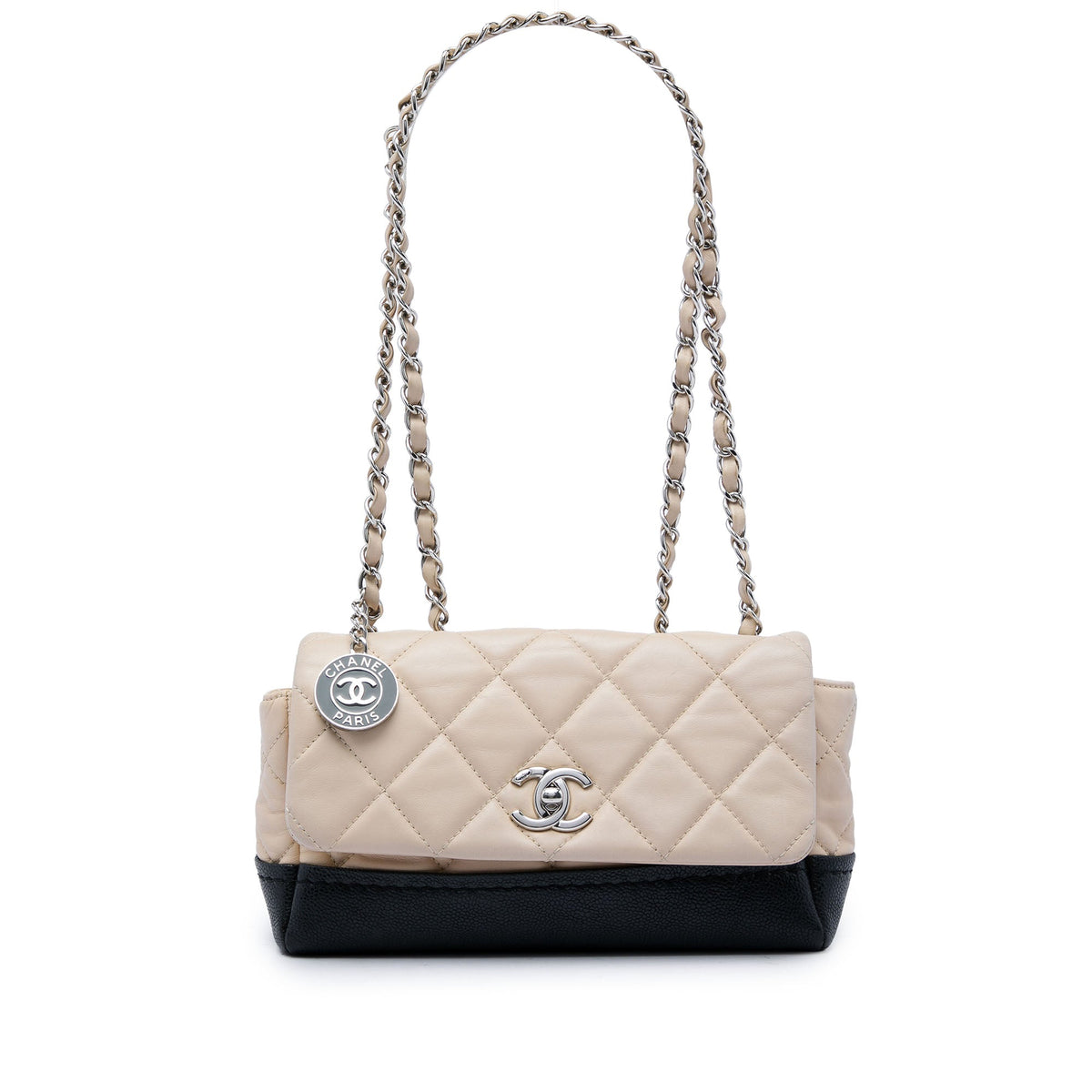 Chanel CC Bicolor Quilted Calfskin and Caviar Single Flap — Beige