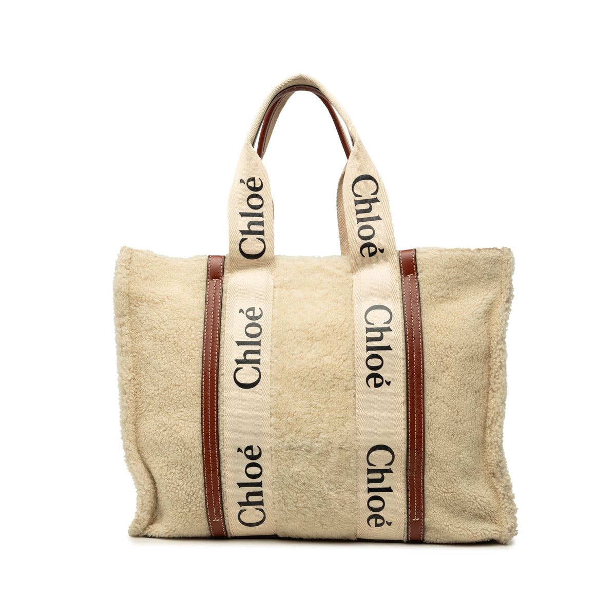 Chloé Large Shearling Woody Tote — Beige