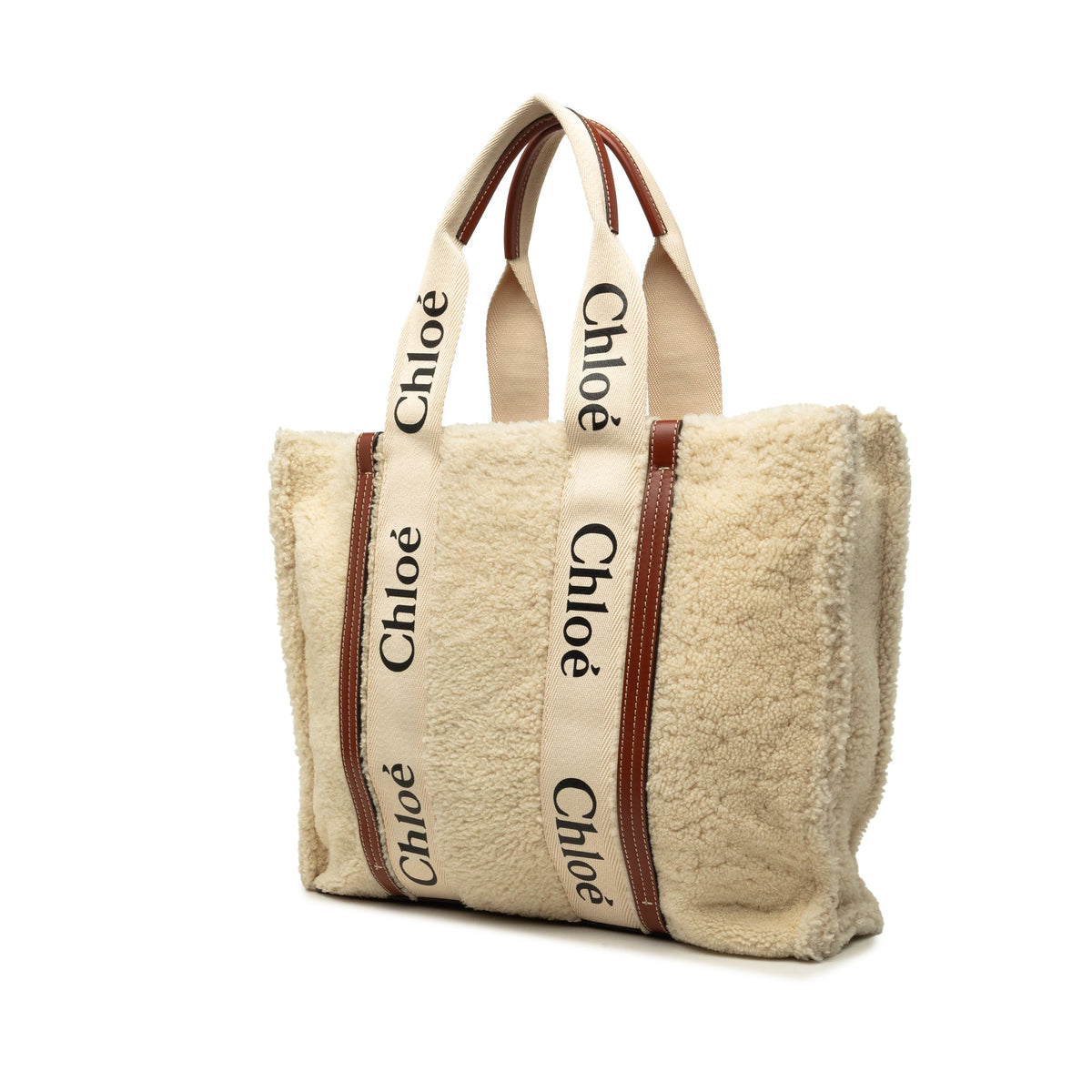 Chloé Large Shearling Woody Tote — Beige