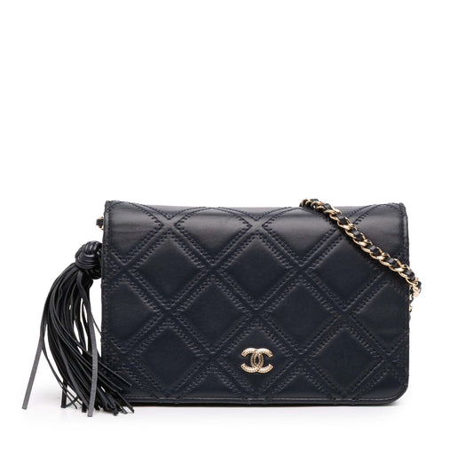 Chanel CC Quilted Lambskin Double Stitch Tassel Wallet On Chain