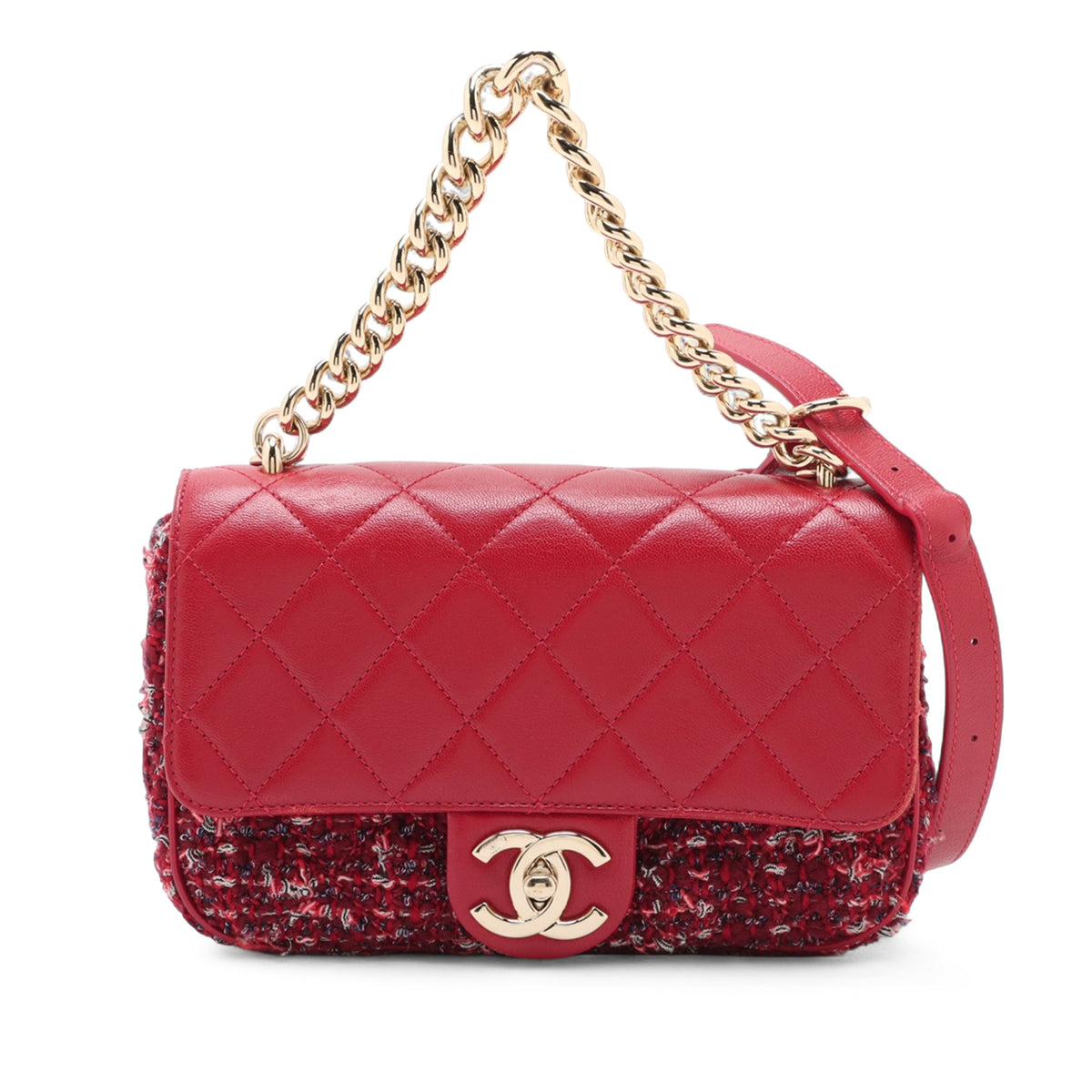 Chanel CC Quilted Lambskin and Tweed Single Flap — Red