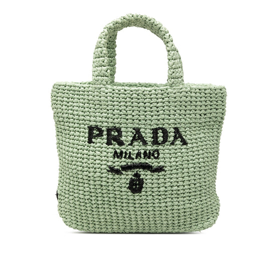 Prada Small Raffia Effect Crochet Embroidered Logo Tote