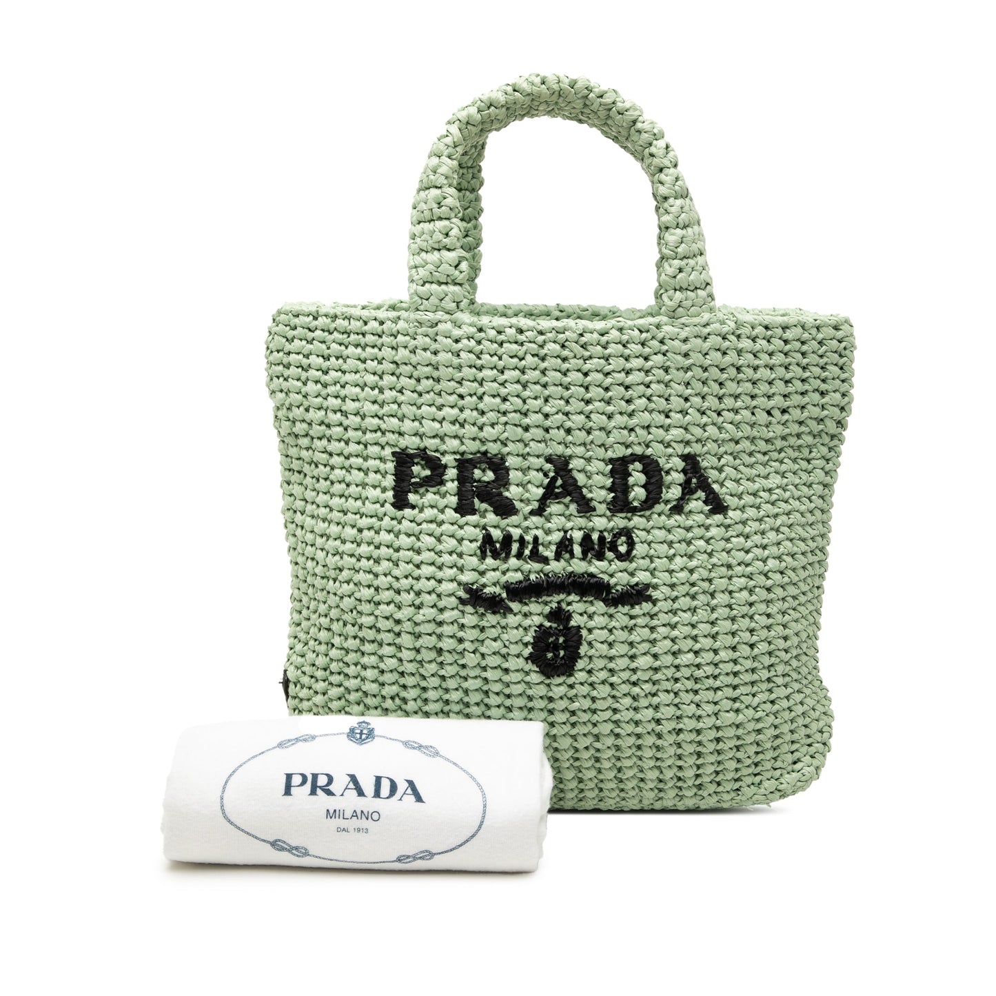 Prada Small Raffia Effect Crochet Embroidered Logo Tote