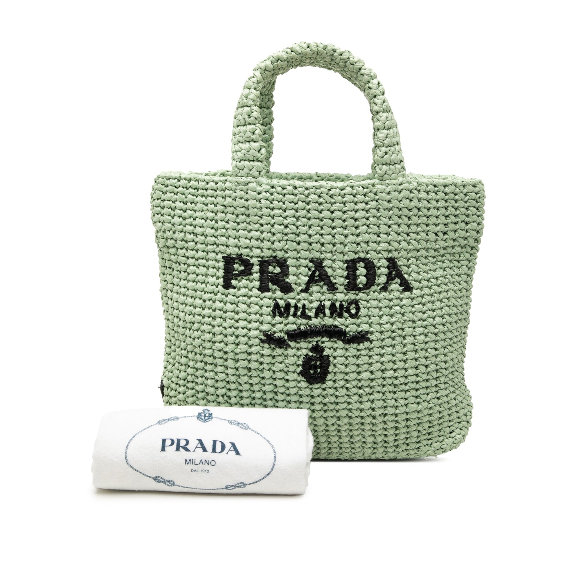 Prada Small Raffia Effect Crochet Embroidered Logo Tote