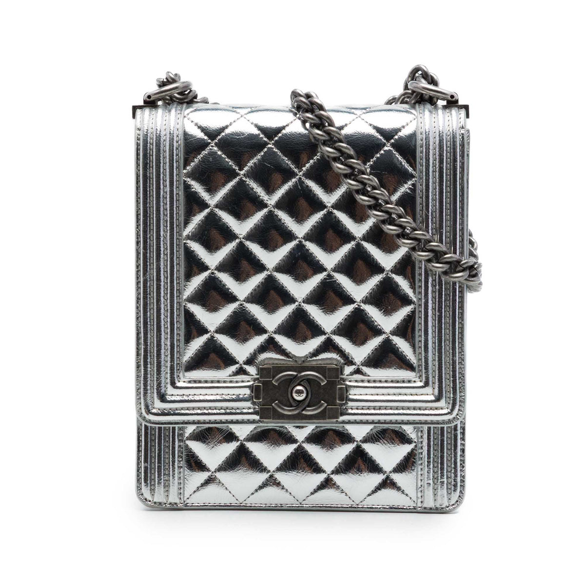 Chanel Quilted Metallic Calfskin North South Boy Flap