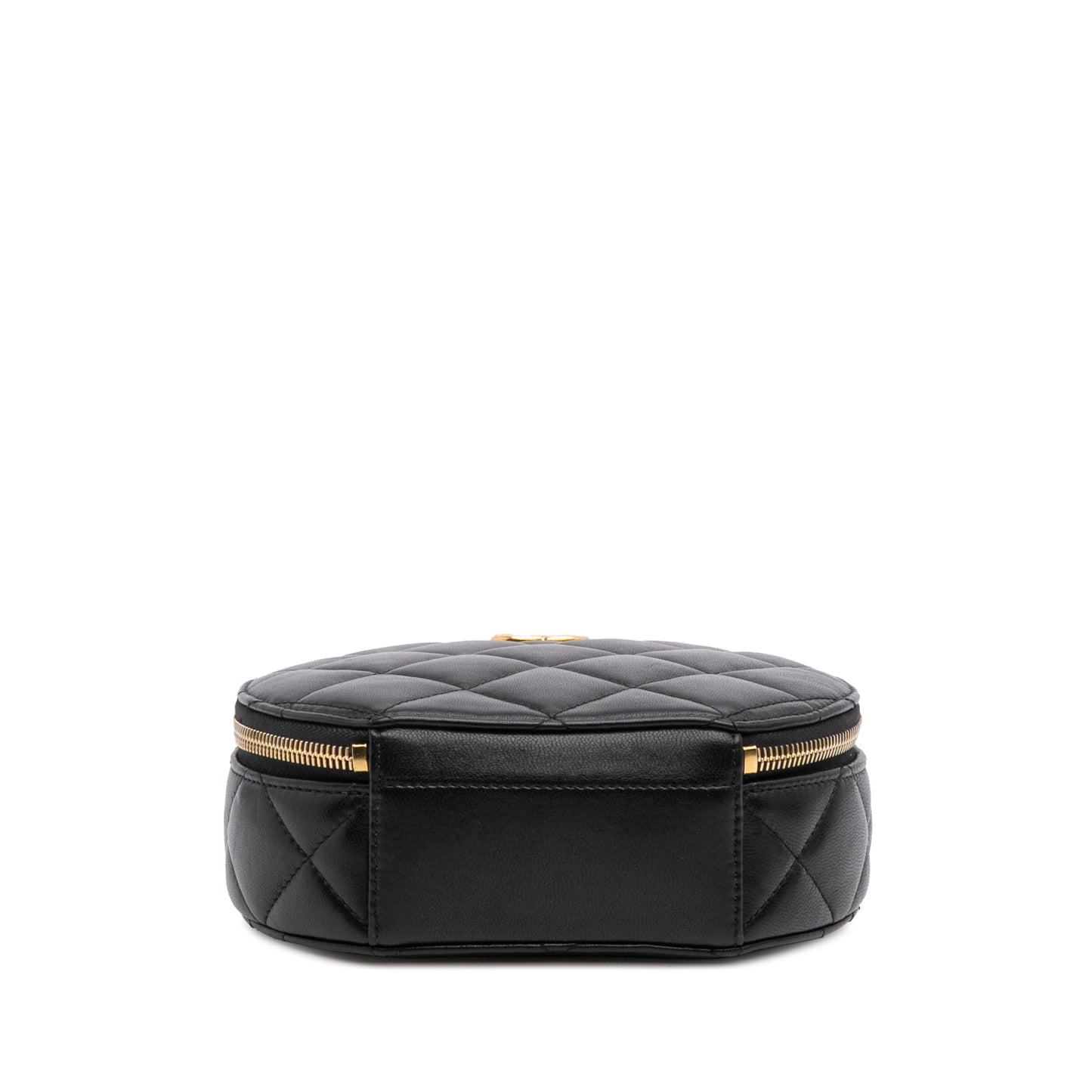 Chanel Quilted Lambskin Oval Logo Chain Top Handle Round Clutch on Chain