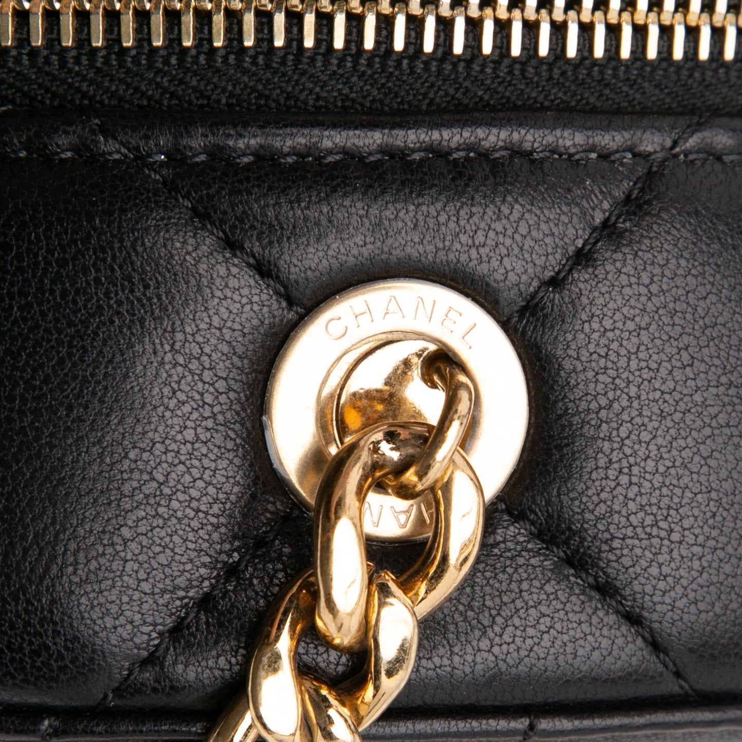 Chanel Quilted Lambskin Oval Logo Chain Top Handle Round Clutch on Chain