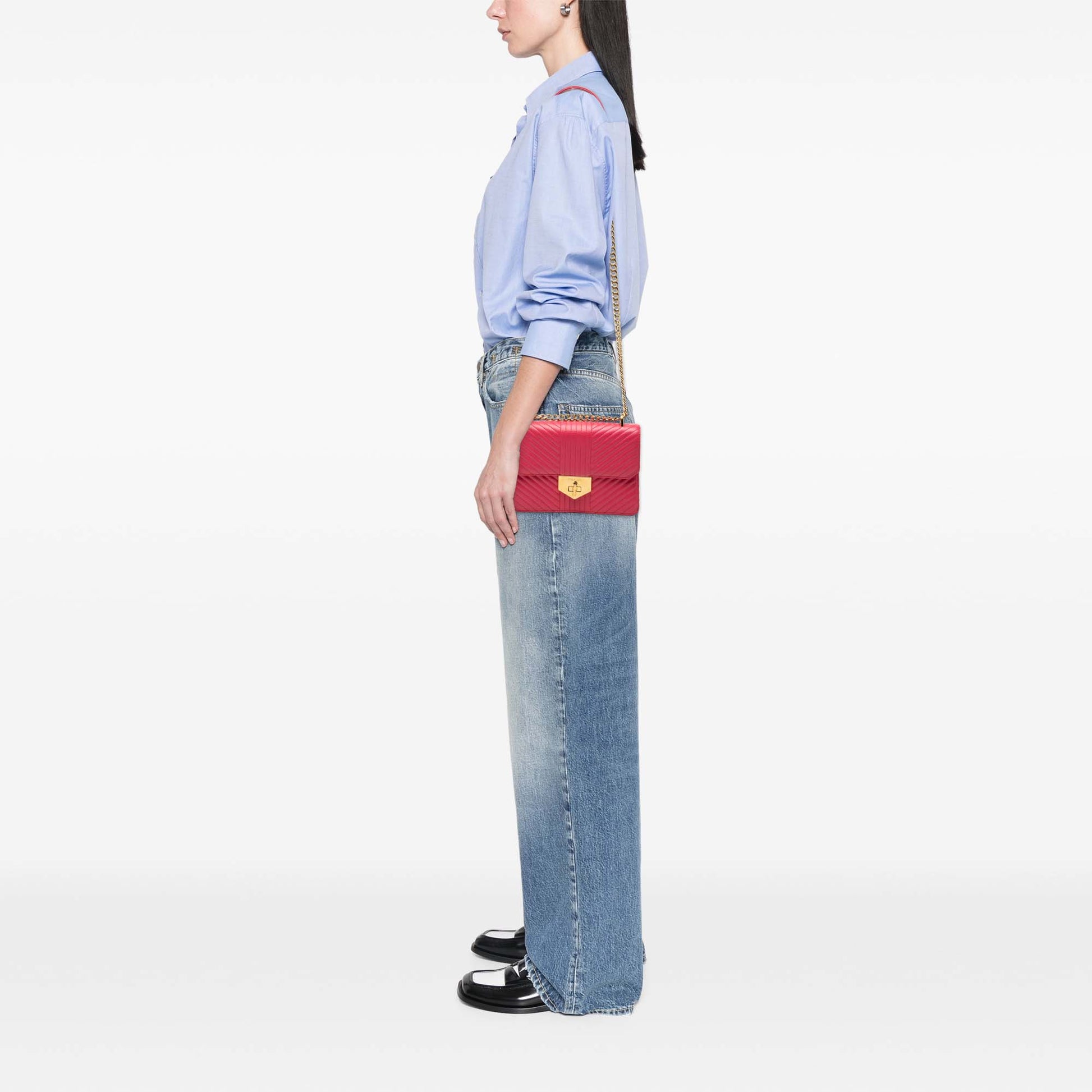 Prada Soft Calf Chevron Impunture Turn Lock Chain Crossbody