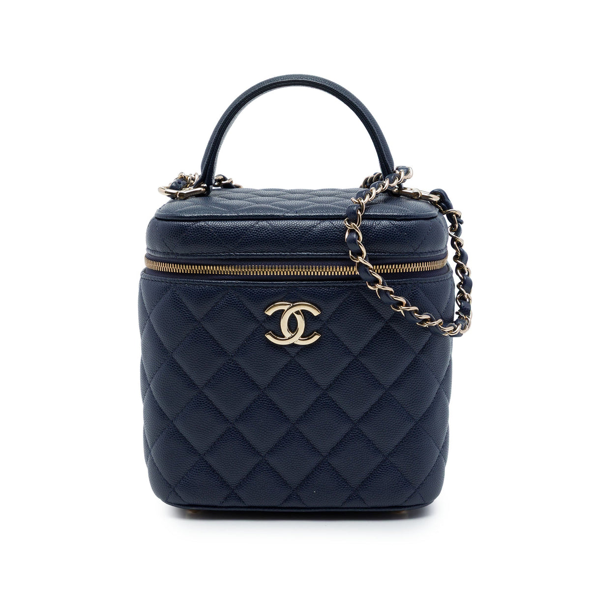 Chanel CC Quilted Caviar Top Handle Vanity Case with Chain — Blue
