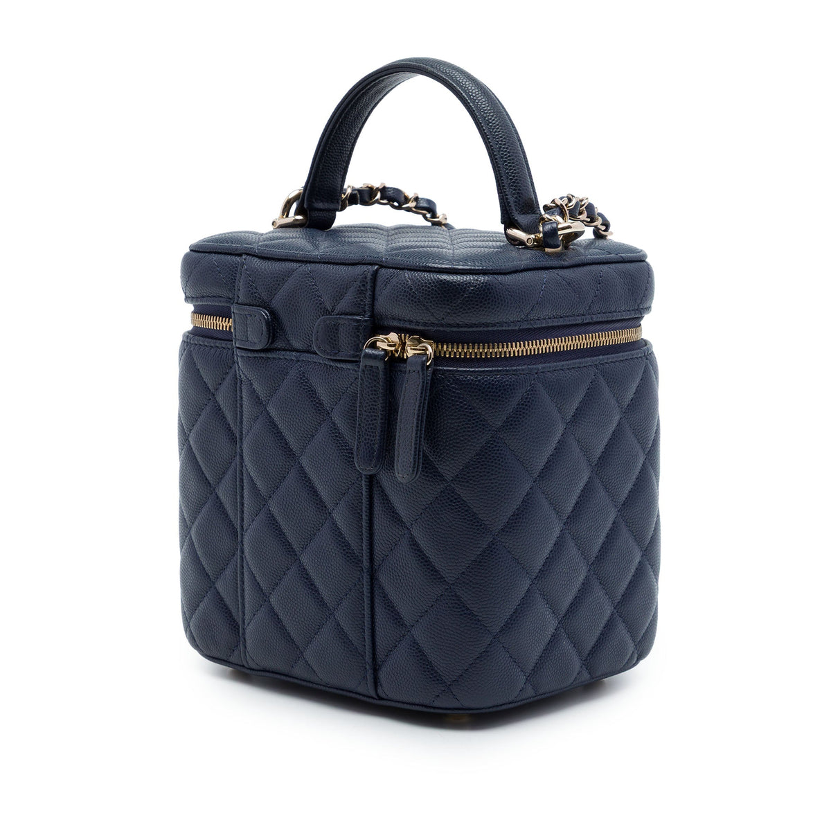 Chanel CC Quilted Caviar Top Handle Vanity Case with Chain — Blue