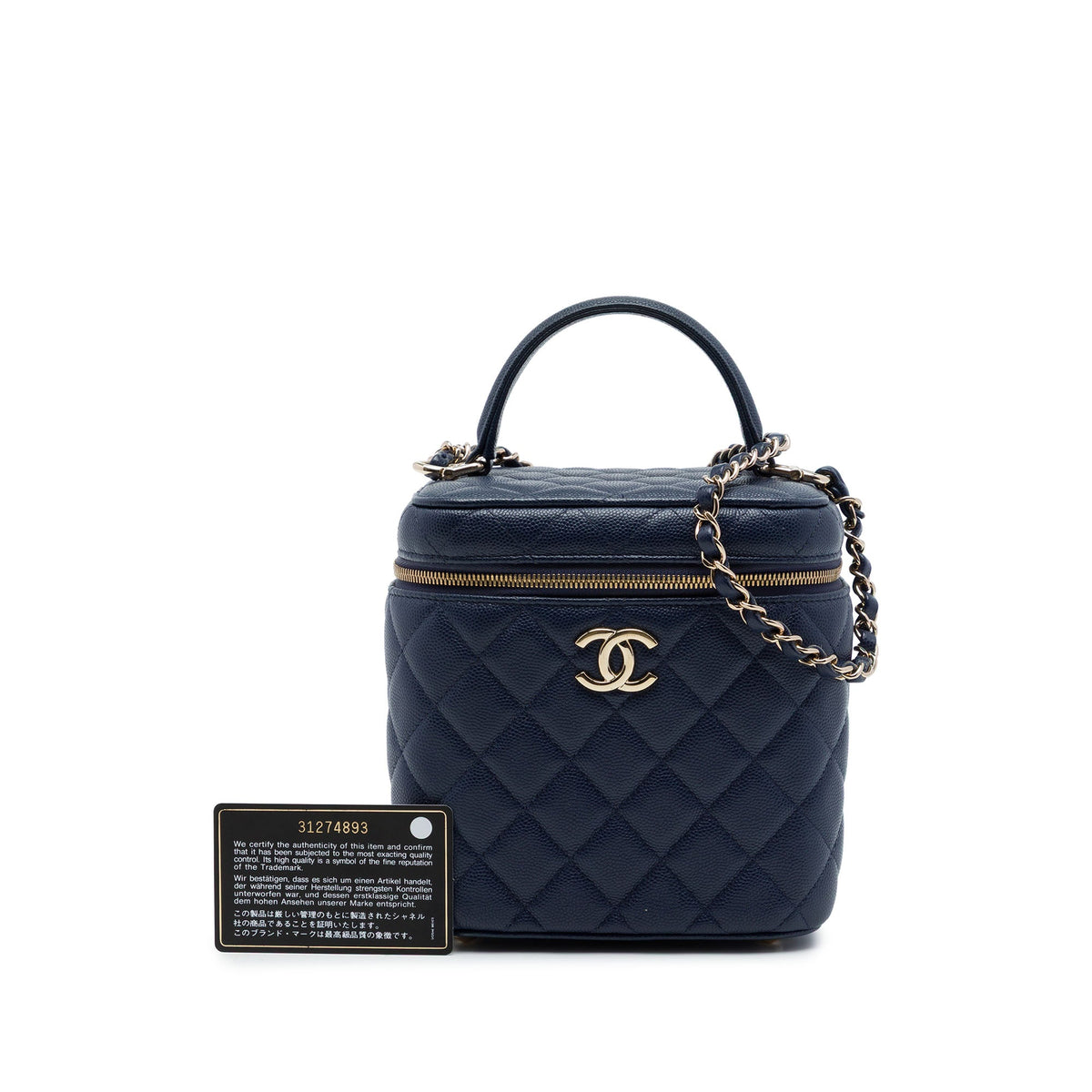 Chanel CC Quilted Caviar Top Handle Vanity Case with Chain — Blue