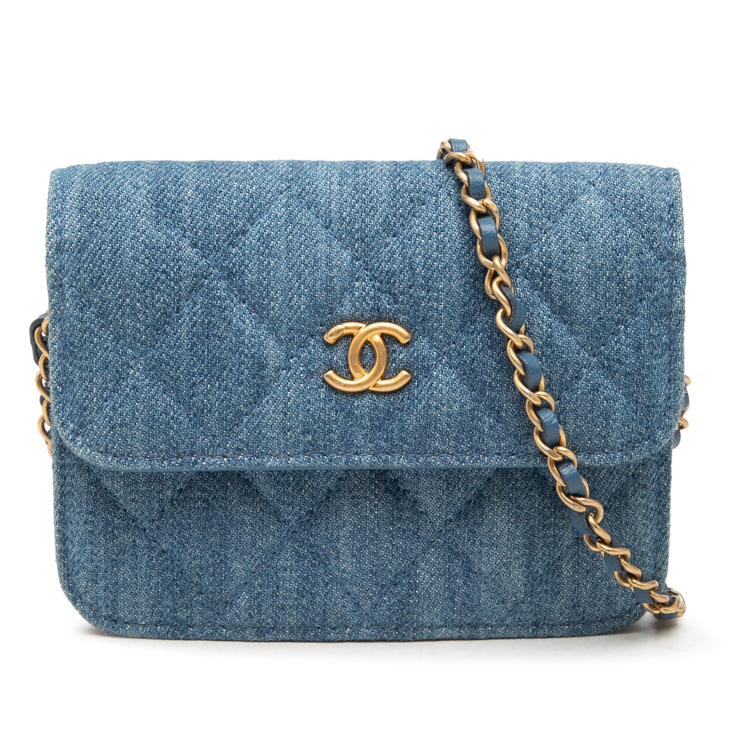 Chanel Mini Quilted Denim Pearl Crush Clutch with Chain