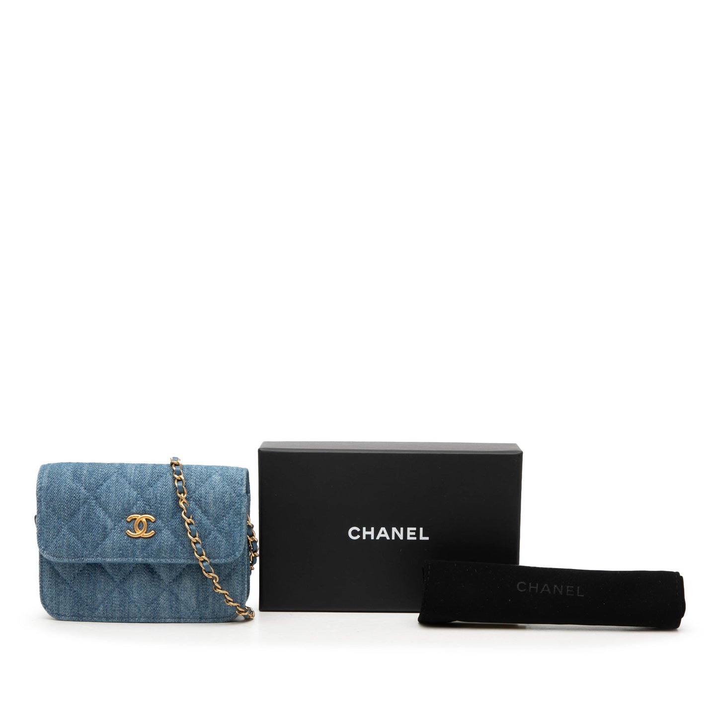 Chanel Mini Quilted Denim Pearl Crush Clutch with Chain