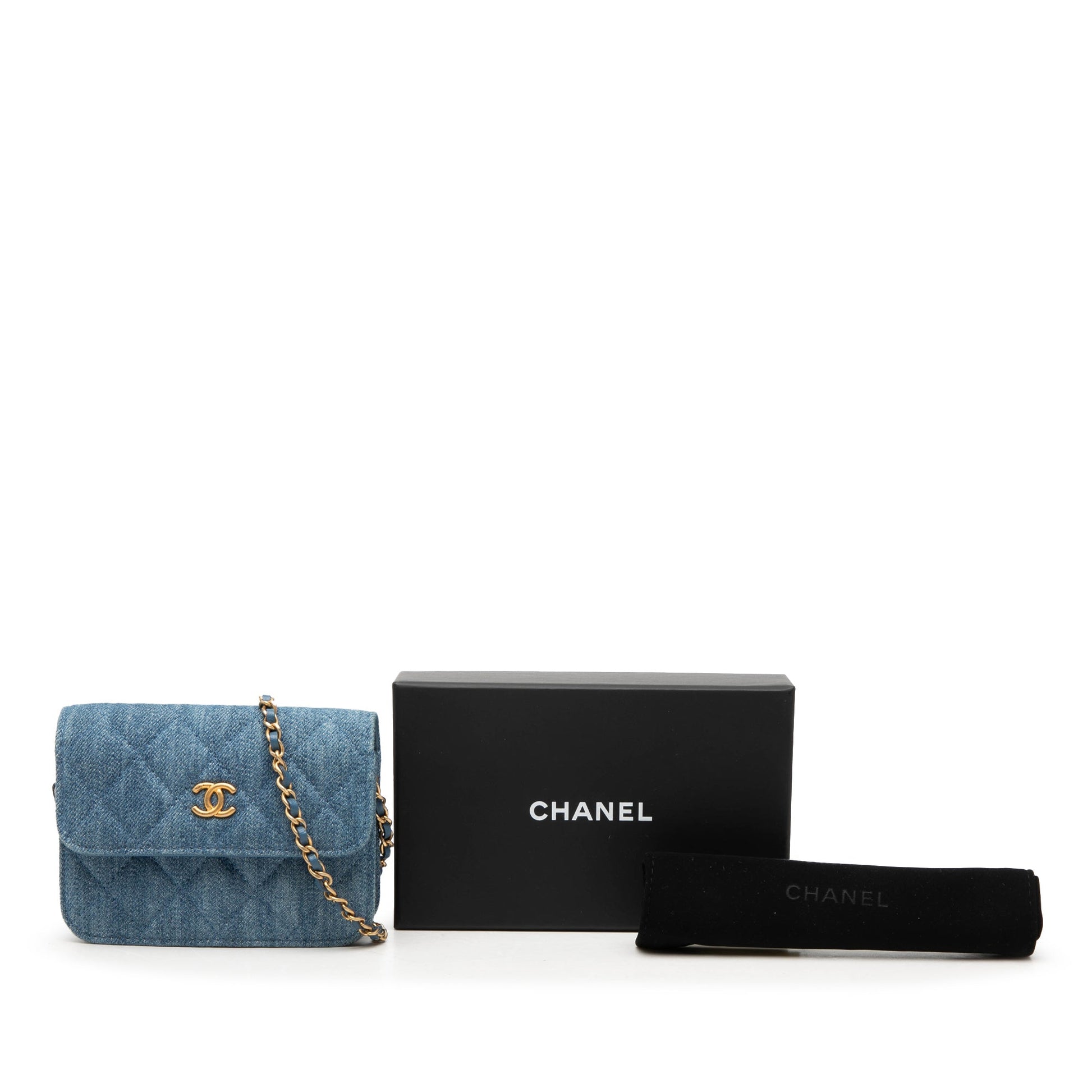 Chanel Mini Quilted Denim Pearl Crush Clutch with Chain