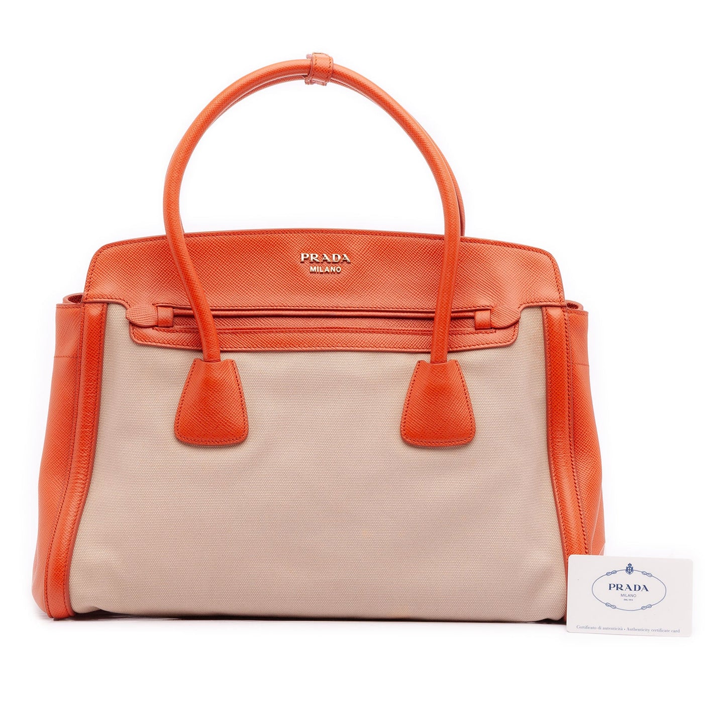 Prada Bicolor Saffiano Cuir Trimmed Canvas Satchel
